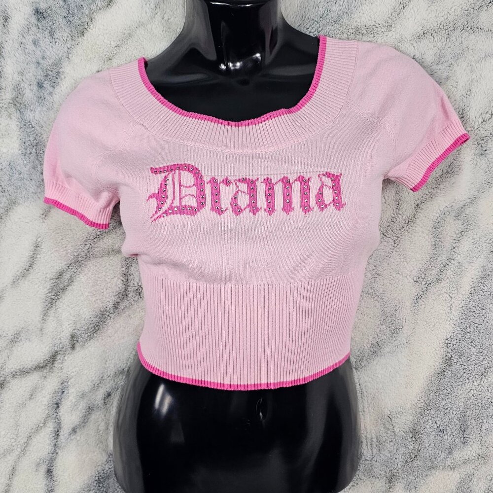 Dolls Kill Sugar Thrillz Small Knit Drama Graphic Crop Sweater Light Pink Bling
